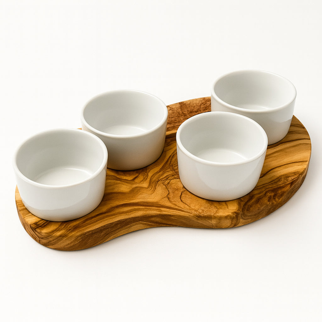 Olivenholzbrett inkl. 4 Porzellanschale