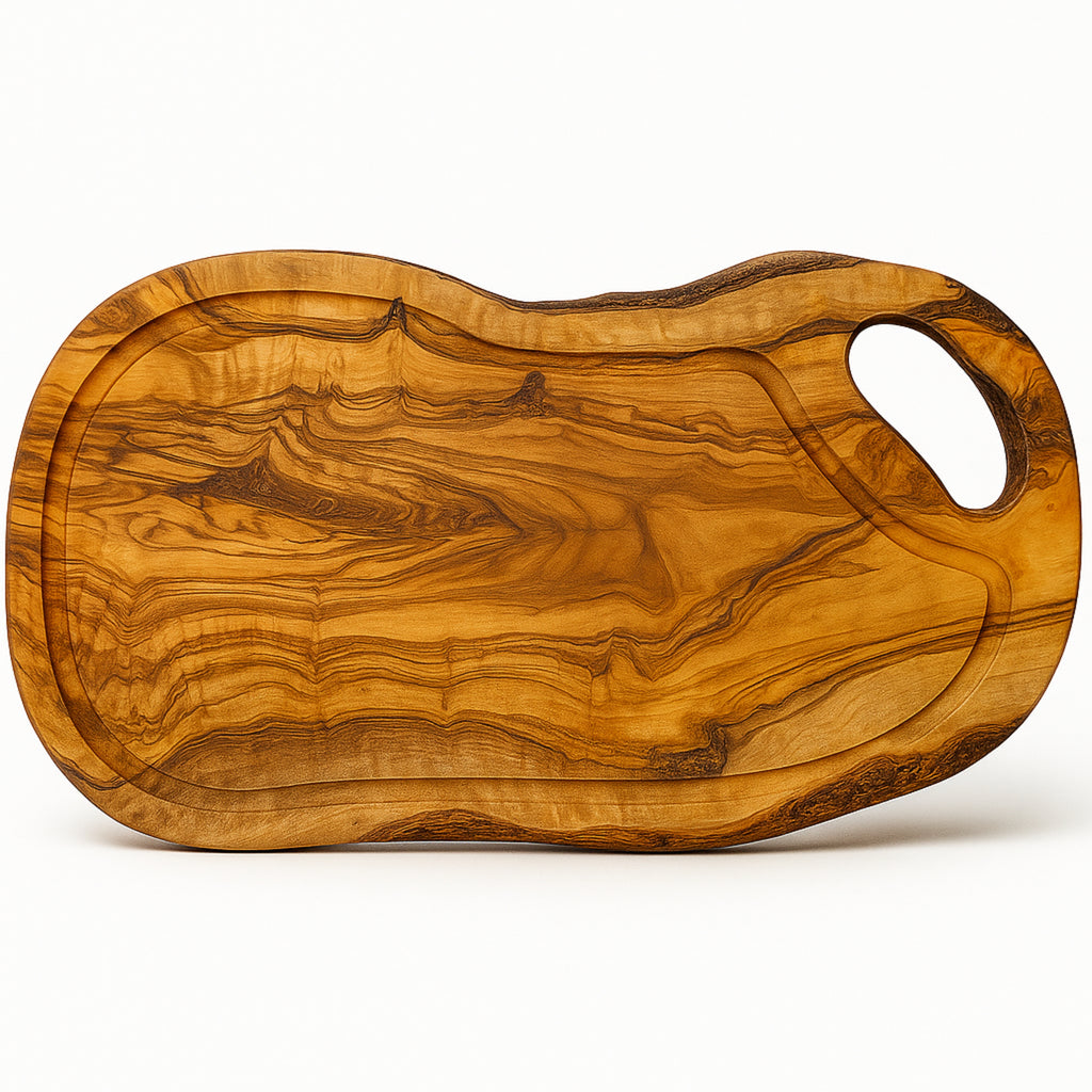 Schneidebrett Olivenholz mit Griff und Saftrille