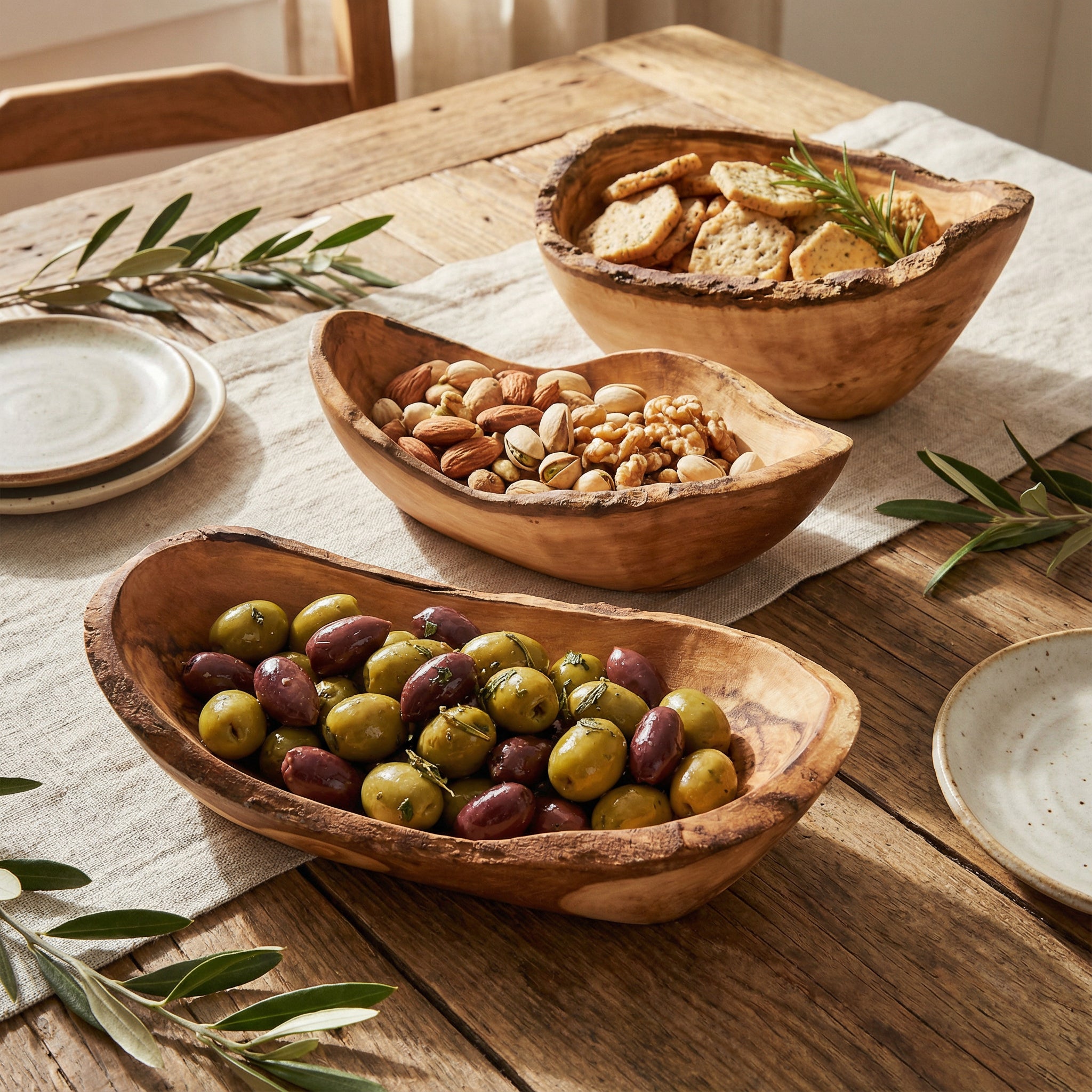 Servierschalen rustikal aus Olivenholz 3er Set