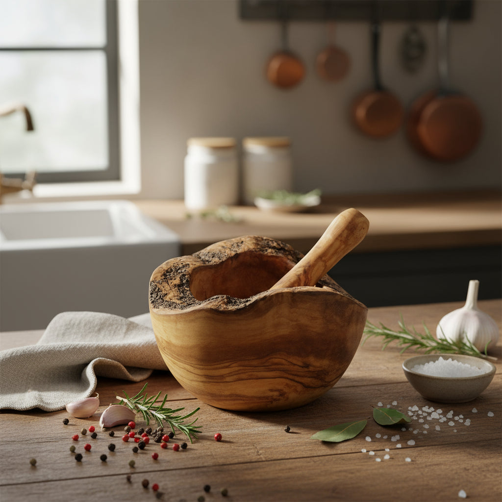 Mörser aus Olivenholz mit Stößel (Ø 12 cm)