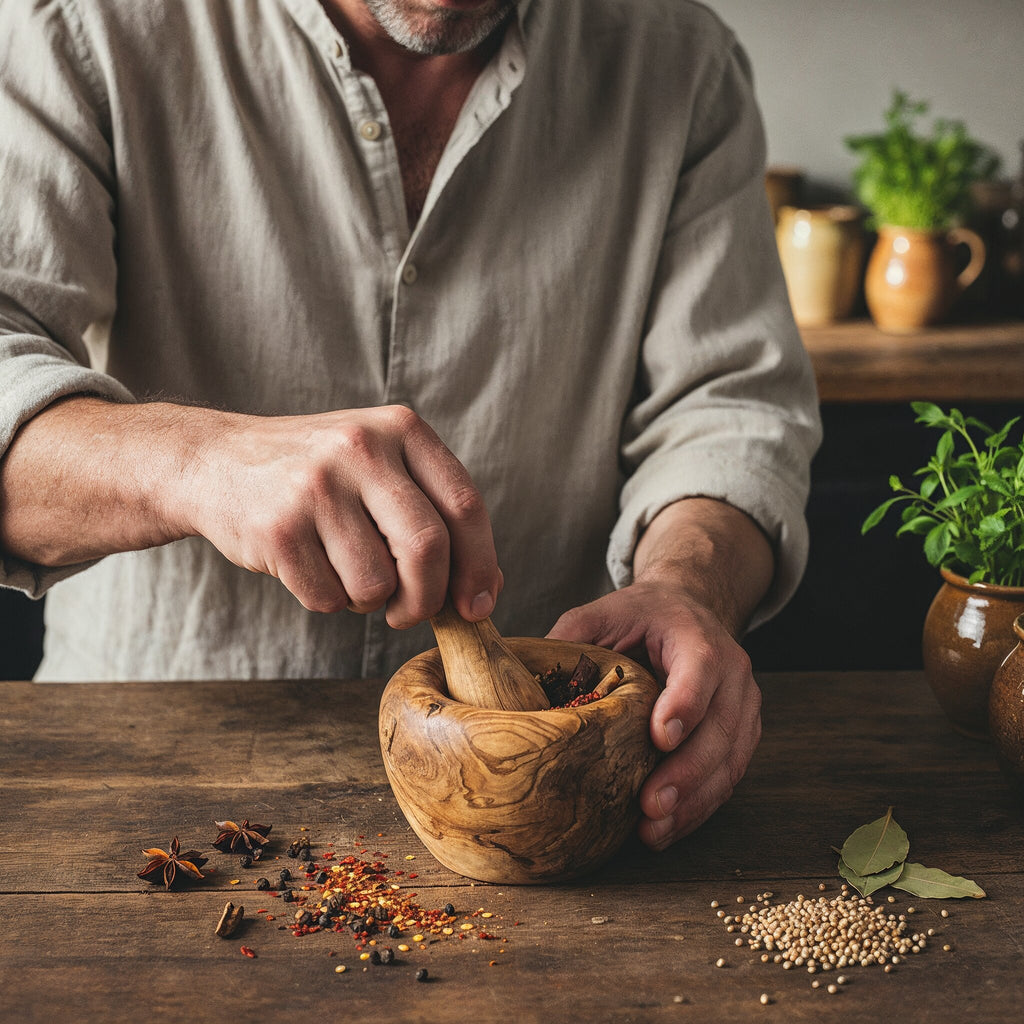 Mörser aus Olivenholz mit Stößel (Ø 12 cm)