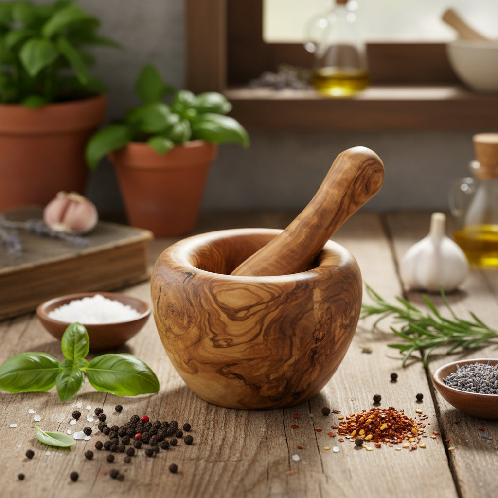 Mörser aus Olivenholz mit Stößel (Ø 12 cm)