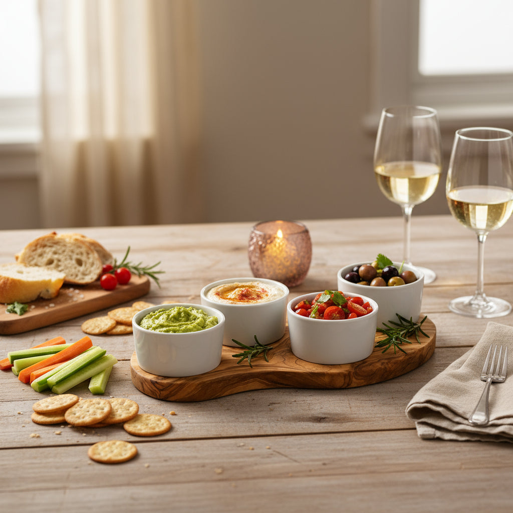 Olivenholzbrett inkl. 4 Porzellanschale